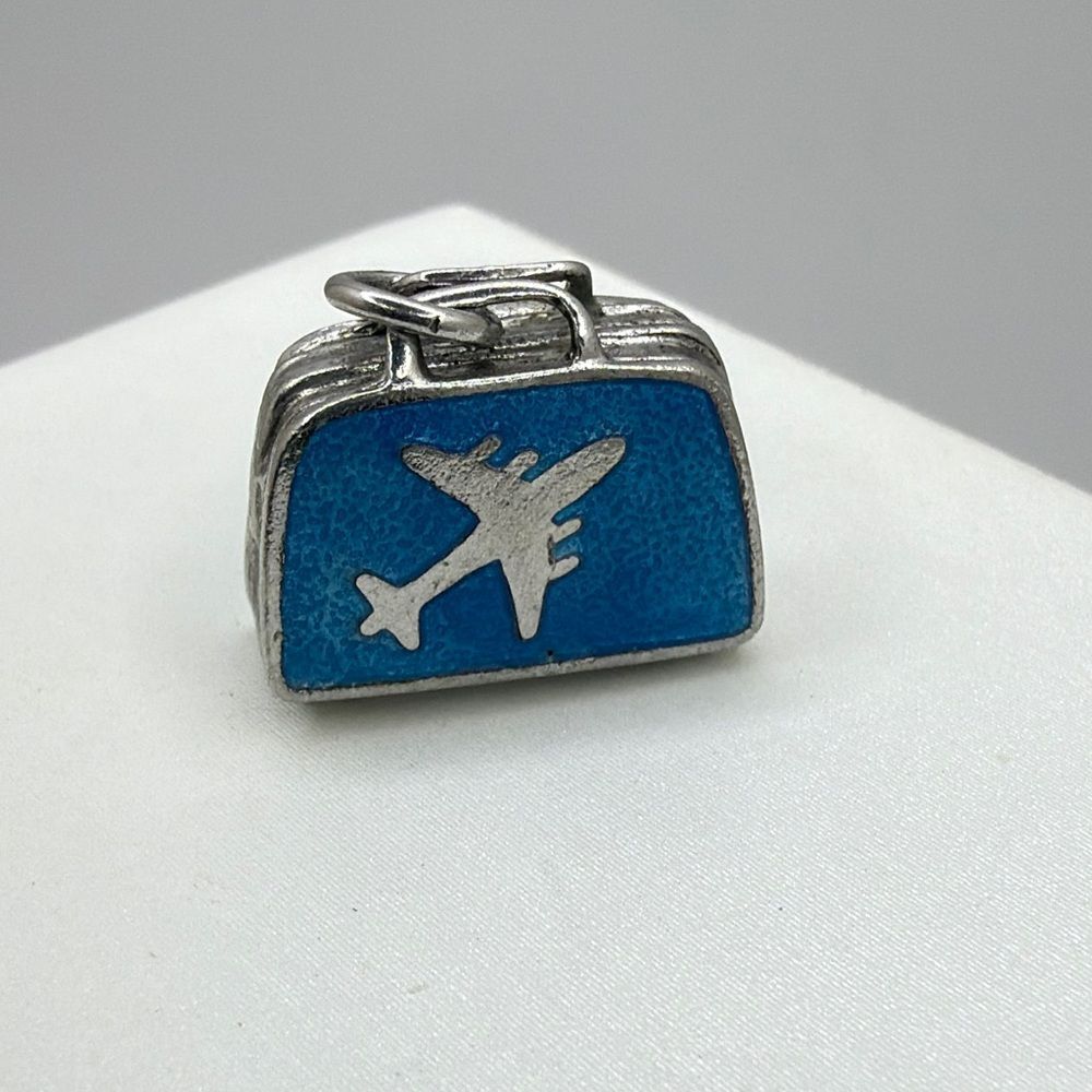 Vintage Sterling Silver and Blue Enamel, airplane suitcase charm/pendant